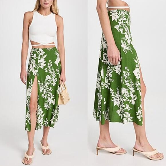 NWT Reformation Zoe Floral Hook & Eye Side Slit Lightweight Midi Skirt Green